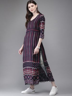 Anouk Navy Blue Striped Rayon Straight Kurta With Pompom Lace Hem