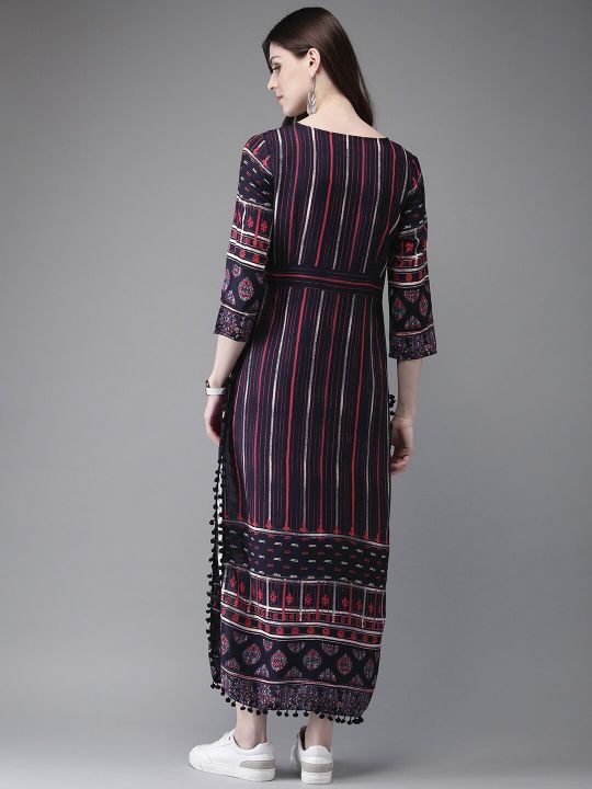 Anouk Navy Blue Striped Rayon Straight Kurta With Pompom Lace Hem