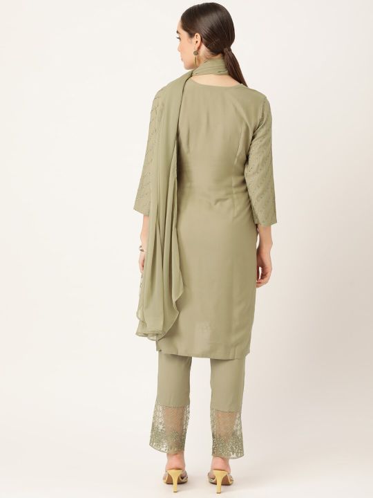 Anouk Olive Green Ethnic Motifs Yoke Design Kurta with Palazzos & With Dupatta