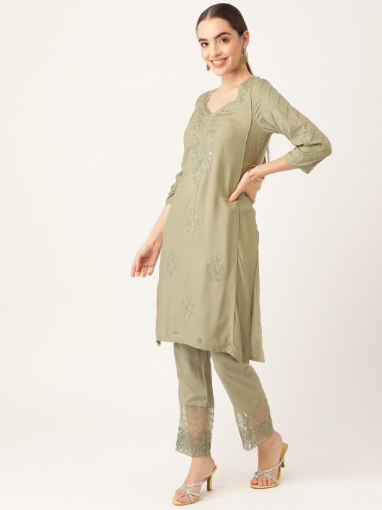 Anouk Olive Green Ethnic Motifs Yoke Design Kurta with Palazzos & With Dupatta