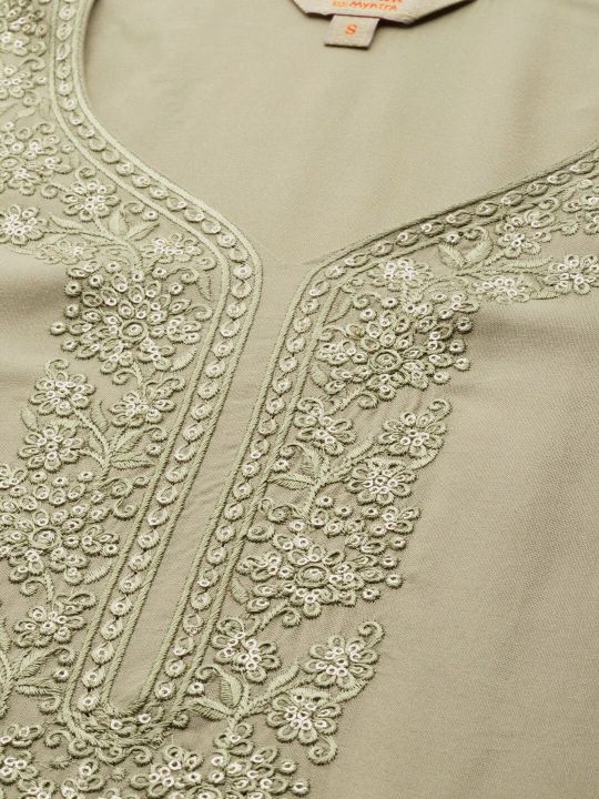 Anouk Olive Green Ethnic Motifs Yoke Design Kurta with Palazzos & With Dupatta