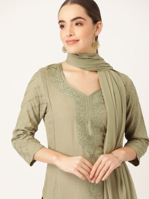 Anouk Olive Green Ethnic Motifs Yoke Design Kurta with Palazzos & With Dupatta