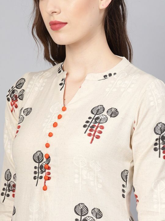 Libas Women Beige Ethnic Print Straight Kurta Set With Side Pockets