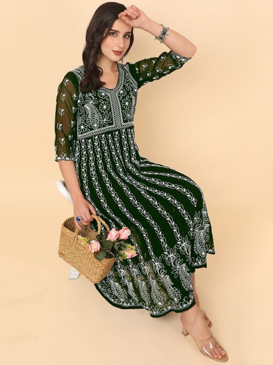 HERENOW Chikankari Embroidered Thread Work Georgette Anarkali Kurta