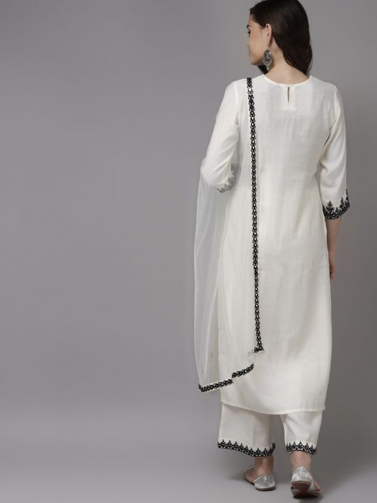 Indo Era White Floral Yoke Design Regular Mirror Work Kurta with Palazzos & With Dupatta