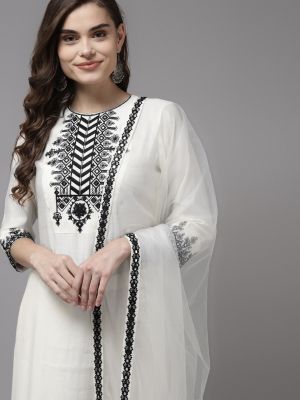 Indo Era White Floral Yoke Design Regular Mirror Work Kurta with Palazzos & With Dupatta