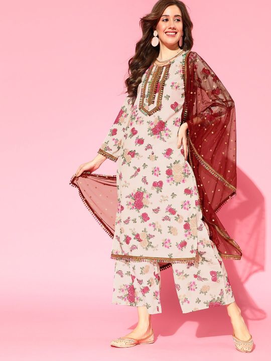 Women Beige Floral Printed Regular Gotta Patti Kurta with Palazzos & With Dupatta (Ahalyaa)