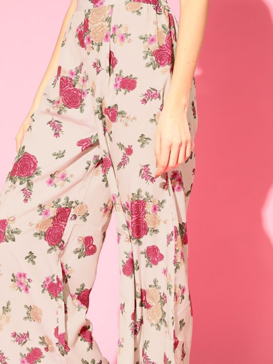 Women Beige Floral Printed Regular Gotta Patti Kurta with Palazzos & With Dupatta (Ahalyaa)