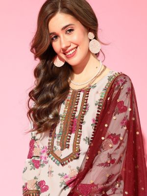 Women Beige Floral Printed Regular Gotta Patti Kurta with Palazzos & With Dupatta (Ahalyaa)
