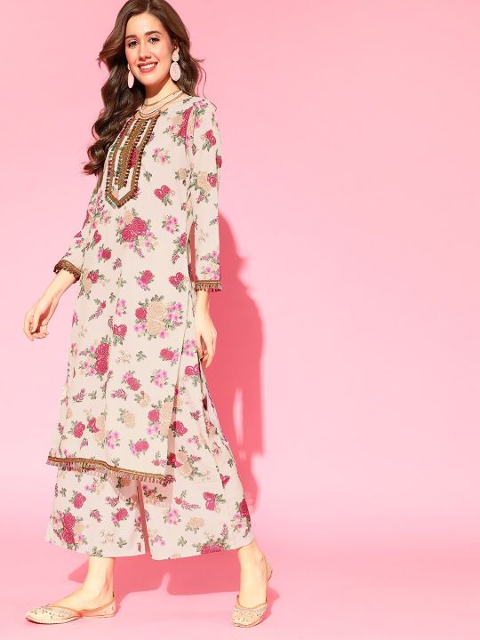 Women Beige Floral Printed Regular Gotta Patti Kurta with Palazzos & With Dupatta (Ahalyaa)