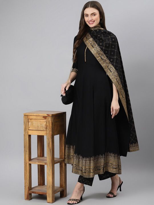 Women Black Ethnic Motifs Printed Kurta with Palazzos & With Dupatta (Khushal K)