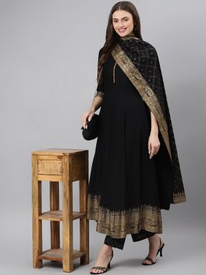 Women Black Ethnic Motifs Printed Kurta with Palazzos & With Dupatta (Khushal K)