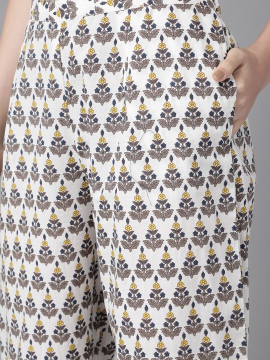 Women Navy Blue Pure Cotton Floral Print Kurta with Palazzos & Dupatta (Libas)