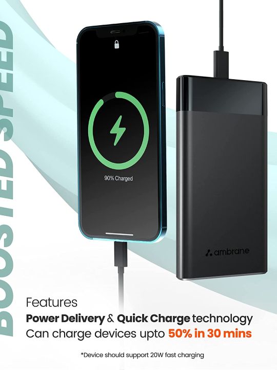 Ambrane 10000mAh Slim Power Bank, 20W Fast Charging