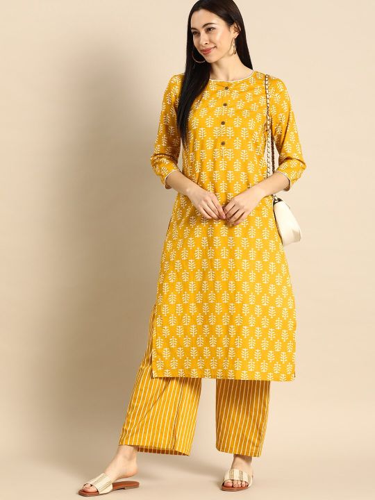 Anouk Women Yellow & White Printed Kurta with Palazzos