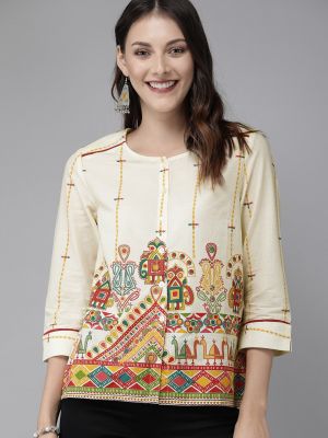 Beige & Red Antiviral Finish Ethnic Motifs Anti-Viral Pure Cotton Top (Anouk)