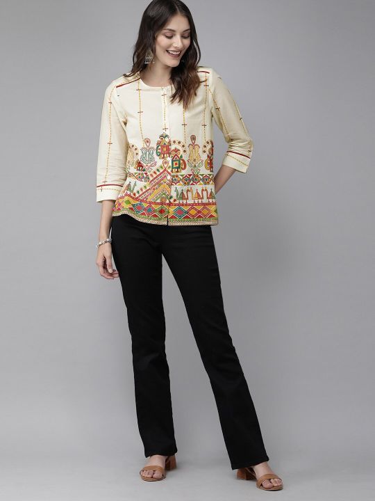 Beige & Red Antiviral Finish Ethnic Motifs Anti-Viral Pure Cotton Top (Anouk)