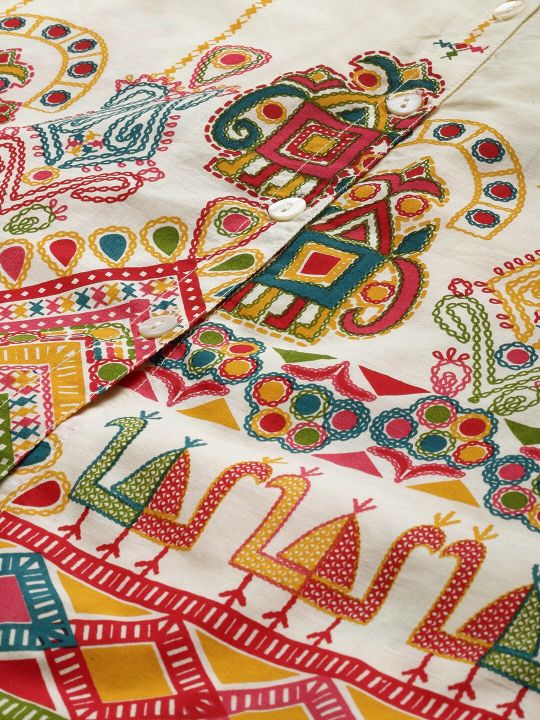 Beige & Red Antiviral Finish Ethnic Motifs Anti-Viral Pure Cotton Top (Anouk)