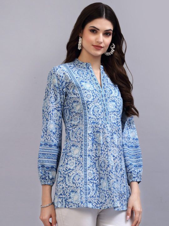 Blue Print Mandarin Collar Empire Pure Cotton Longline Top (QOMN)