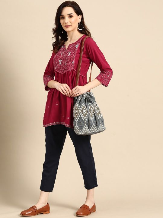 Maroon Embroidered Longline Top (Sangria)