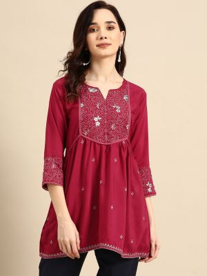 Maroon Embroidered Longline Top (Sangria)
