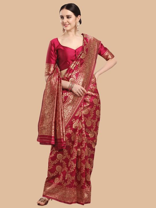 Maroon & Gold Ethnic Motifs Zari Silk Blend Banarasi Saree