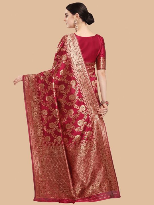 Maroon & Gold Ethnic Motifs Zari Silk Blend Banarasi Saree