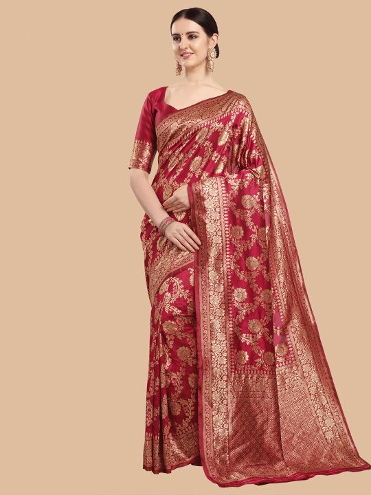 Maroon & Gold Ethnic Motifs Zari Silk Blend Banarasi Saree