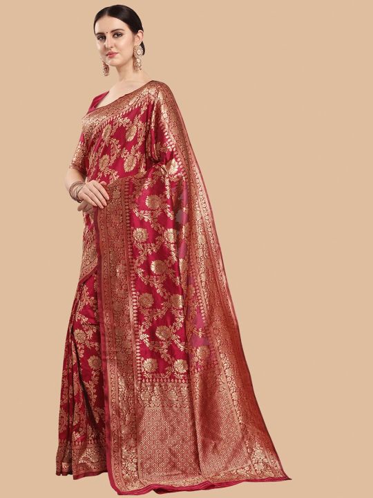 Maroon & Gold Ethnic Motifs Zari Silk Blend Banarasi Saree
