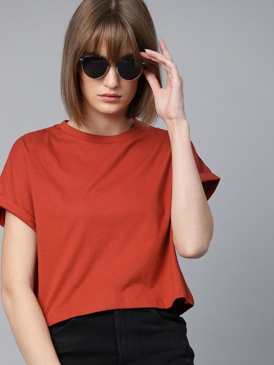Rust Red Round Neck Boxy Crop Top (Roadster)