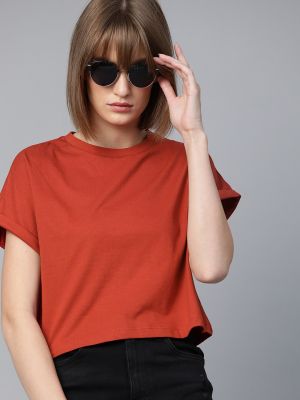 Rust Red Round Neck Boxy Crop Top (Roadster)