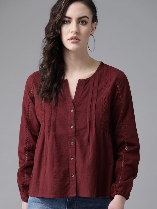The Lifestyle Co Women Maroon Solid A-Line Top (Roadster)