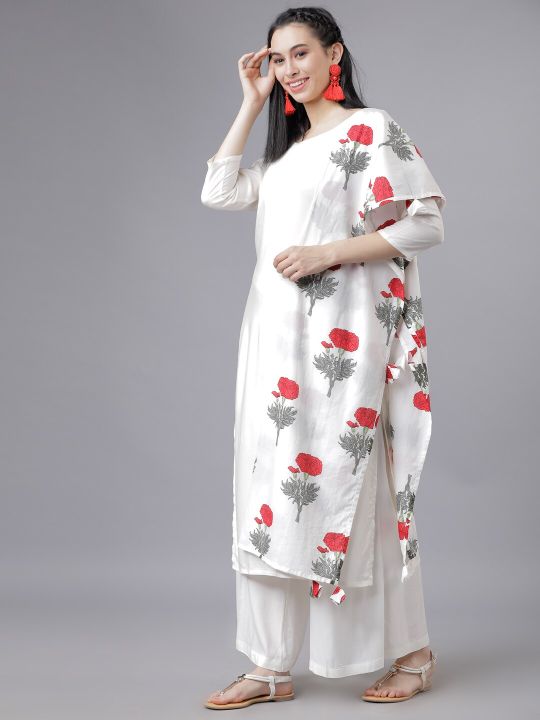 Vishudh Women Off-White & Red Solid Kurta with Palazzos & Dupatta