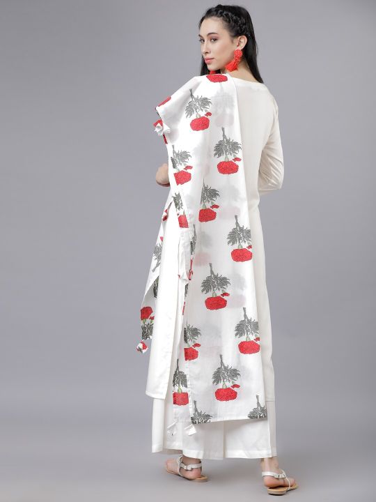 Vishudh Women Off-White & Red Solid Kurta with Palazzos & Dupatta