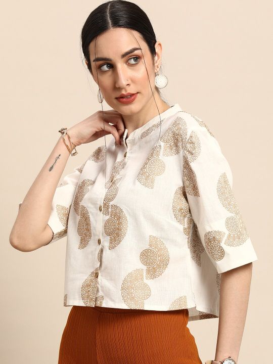 White & Gold-Toned Print Mandarin Collar Pure Cotton Boxy Crop Top (Anouk)