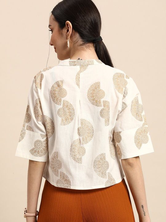 White & Gold-Toned Print Mandarin Collar Pure Cotton Boxy Crop Top (Anouk)