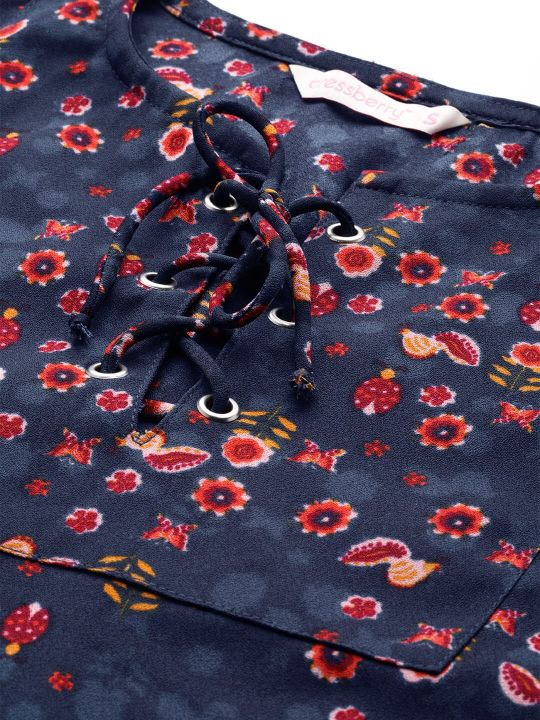 Women Navy Blue & Orange Floral Print Top (DressBerry)