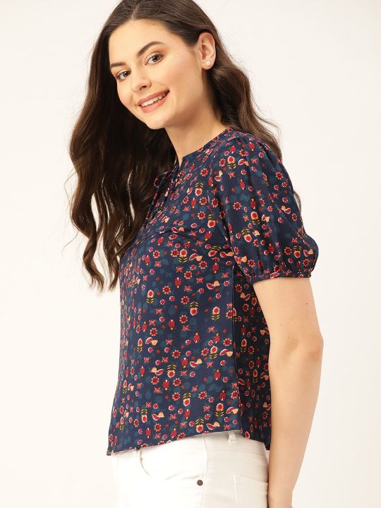 Women Navy Blue & Orange Floral Print Top (DressBerry)