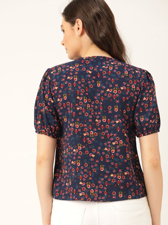 Women Navy Blue & Orange Floral Print Top (DressBerry)
