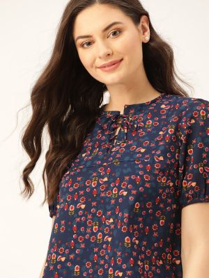 Women Navy Blue & Orange Floral Print Top (DressBerry)