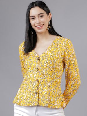 Women Yellow Floral Printed Peplum Top (Tokyo Talkies)