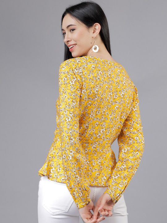 Women Yellow Floral Printed Peplum Top (Tokyo Talkies)
