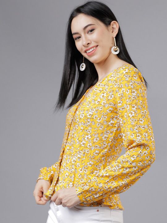 Women Yellow Floral Printed Peplum Top (Tokyo Talkies)