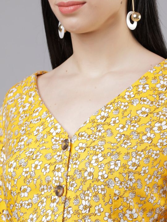 Women Yellow Floral Printed Peplum Top (Tokyo Talkies)