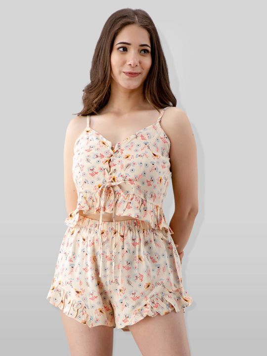 Women Yellow & Red Printed Top & Shorts Night Suit - Pretty Loving Thing