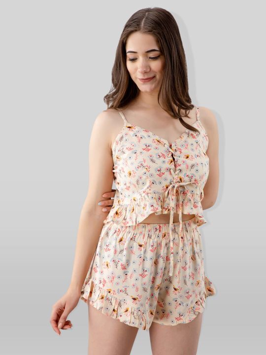 Women Yellow & Red Printed Top & Shorts Night Suit - Pretty Loving Thing