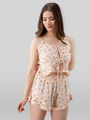 Women Yellow & Red Printed Top & Shorts Night Suit - Pretty Loving Thing