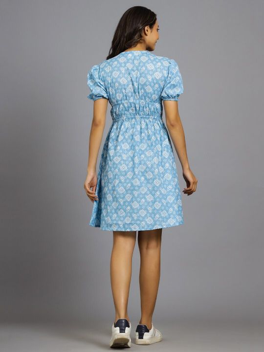 Abstract Printed Pure Cotton A-Line Dress (HANDICRAFT PALACE)