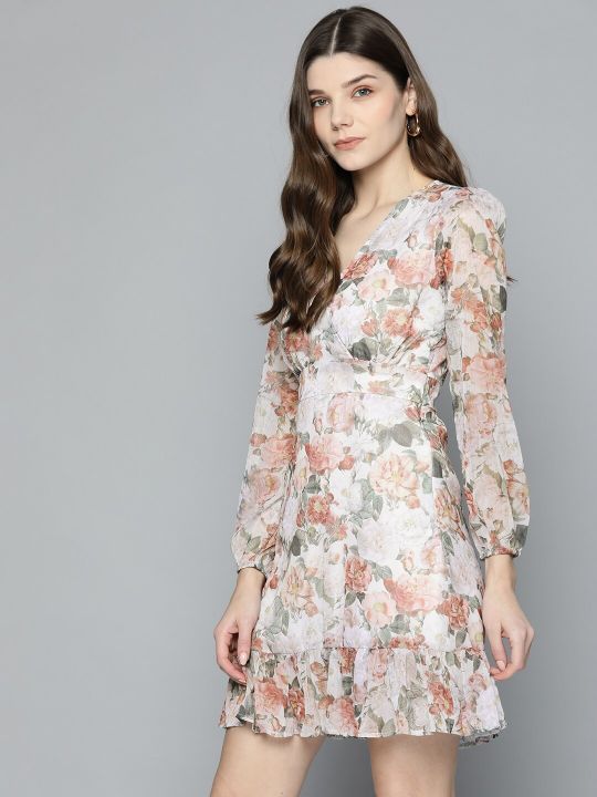 Beige & Pink Floral Chiffon Frill Hem A-Line Dress (SASSAFRAS)
