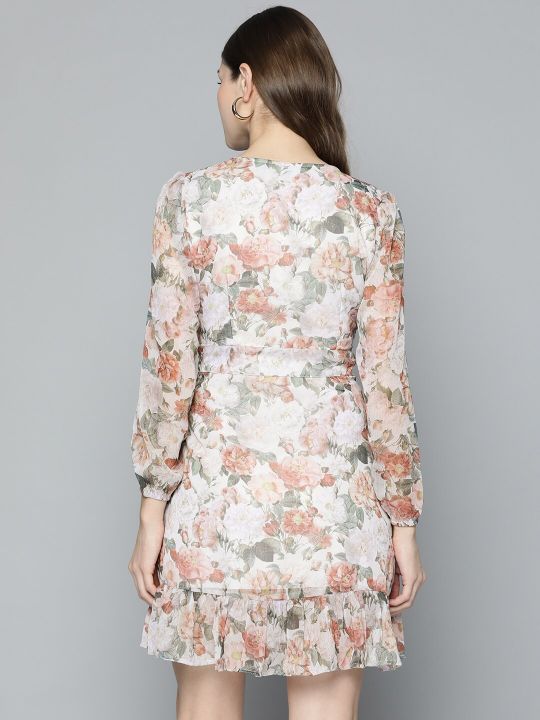 Beige & Pink Floral Chiffon Frill Hem A-Line Dress (SASSAFRAS)